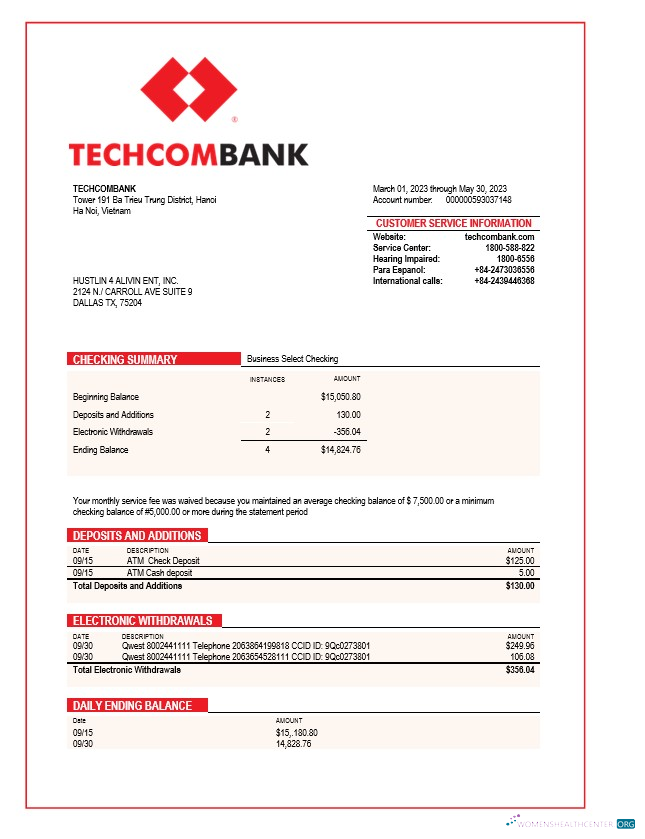 Download Techcombank corporate checking account statement Word and PDF template Photoshop template
